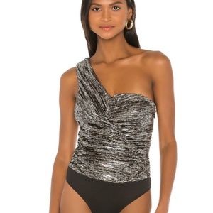 Revolve H:ours Bodysuit Small Asymmetrical Metallic Bustier Black One Shoulder.
